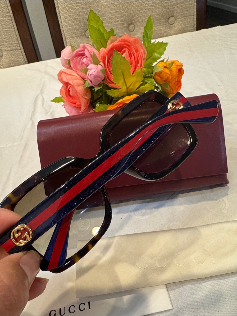 Authentic Gucci Black Square Sunglasses with Red & Blue Temple Stripes - Picture 2 of 11